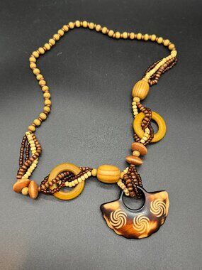 Wood Beaded Tribal Necklace with Pendant Eclectic Carving 2 tones